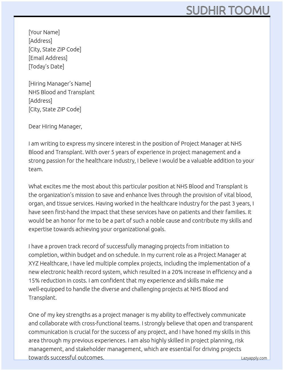 Project manager At NHS Blood and Transplant  Cover Letter
