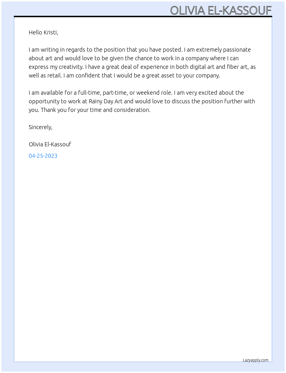 a position At Rainy Day Art Cover Letter