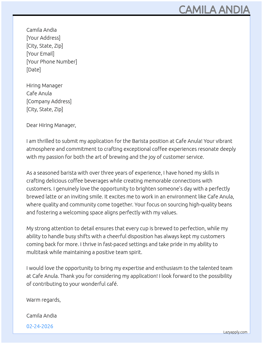 Barista At Cafe Anula Cover Letter