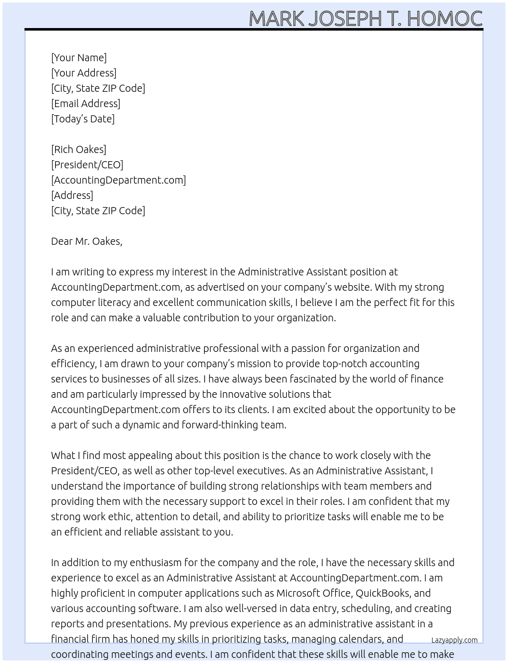 Administrative Assistant At AccountingDepartment.com Cover Letter