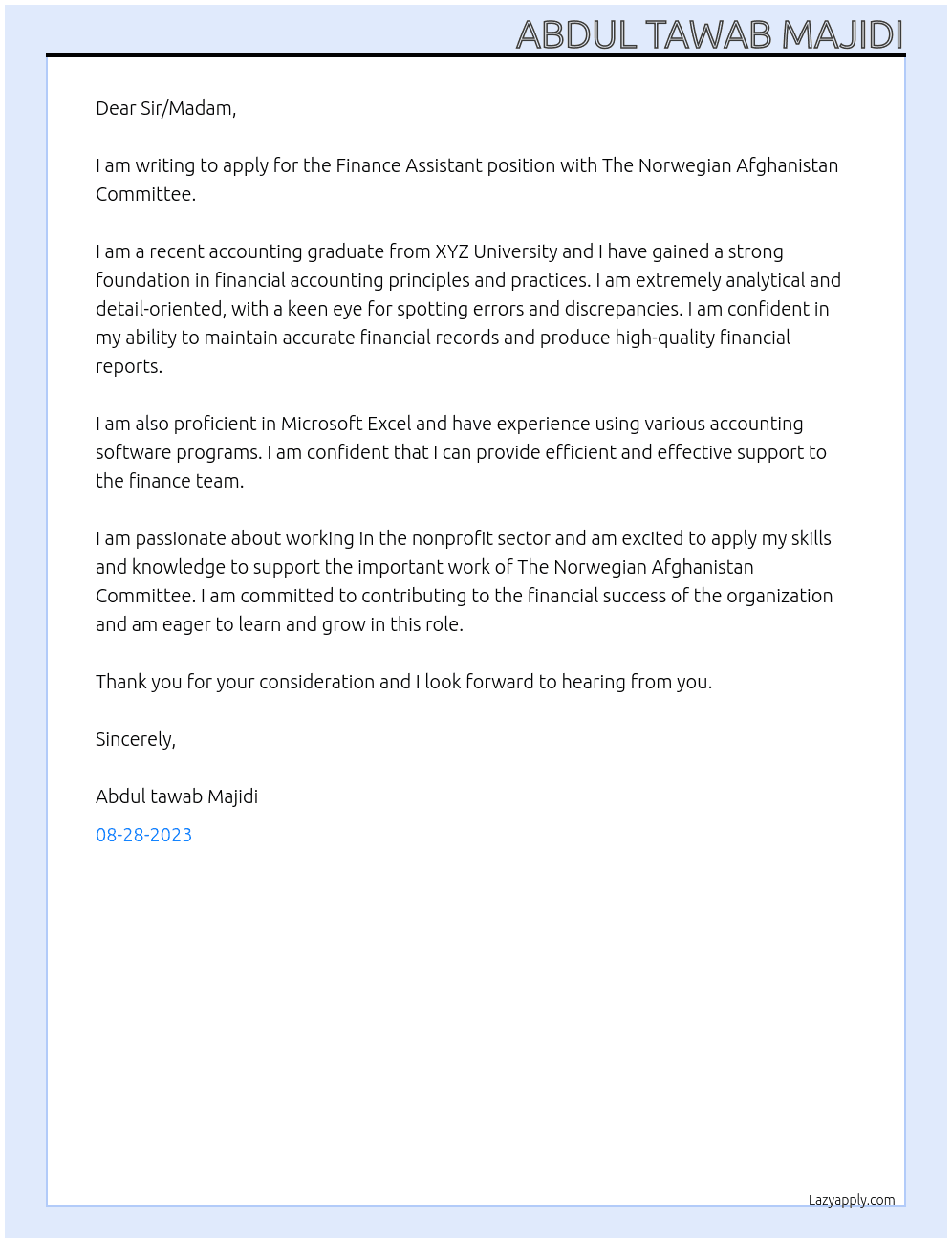 Finance Assistant At The Norwegian Afghanistan Committee Cover Letter