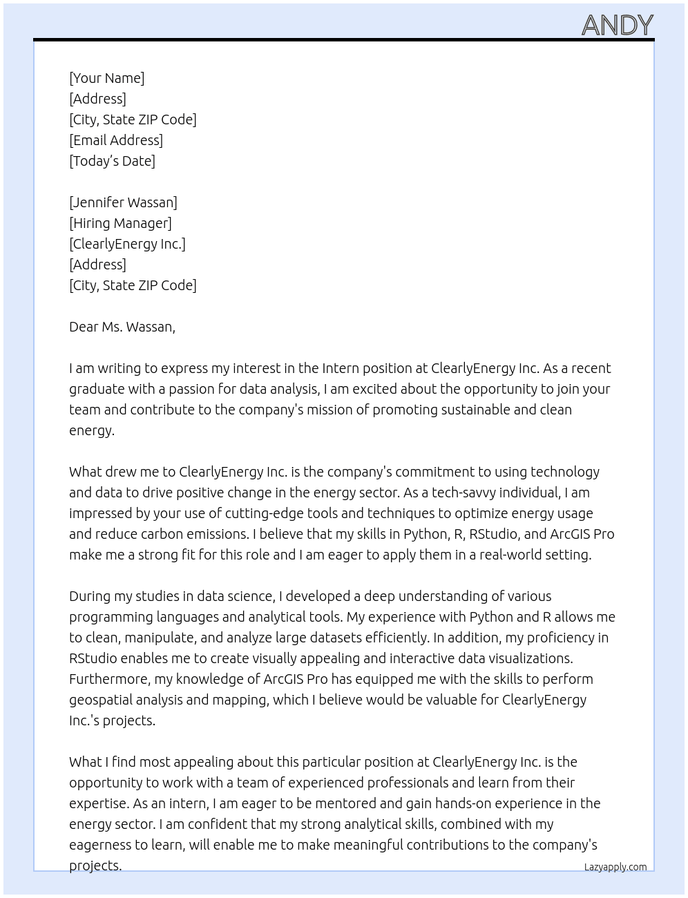 Intern At ClearlyEnergy Inc Cover Letter