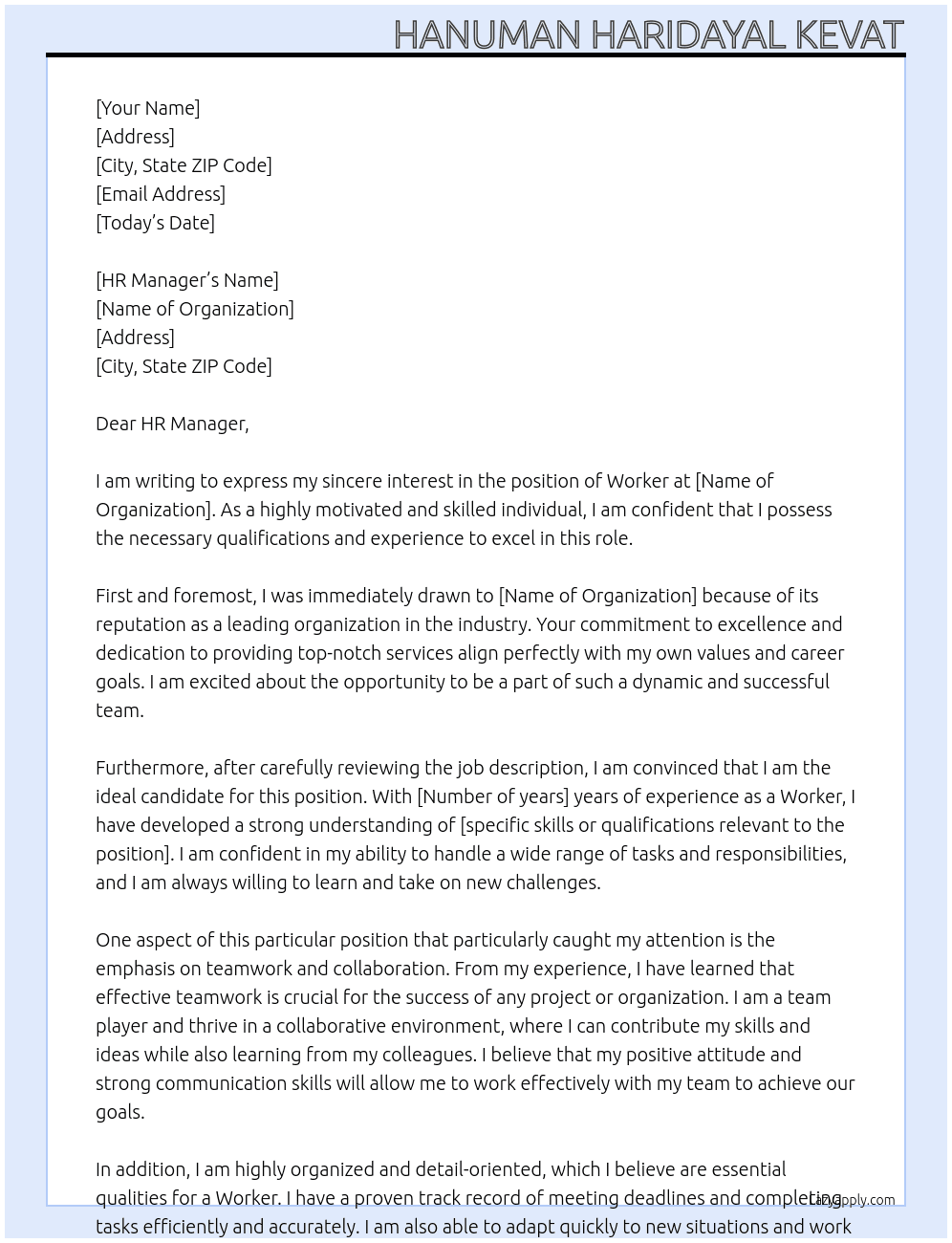 Worker At Organisation  Cover Letter