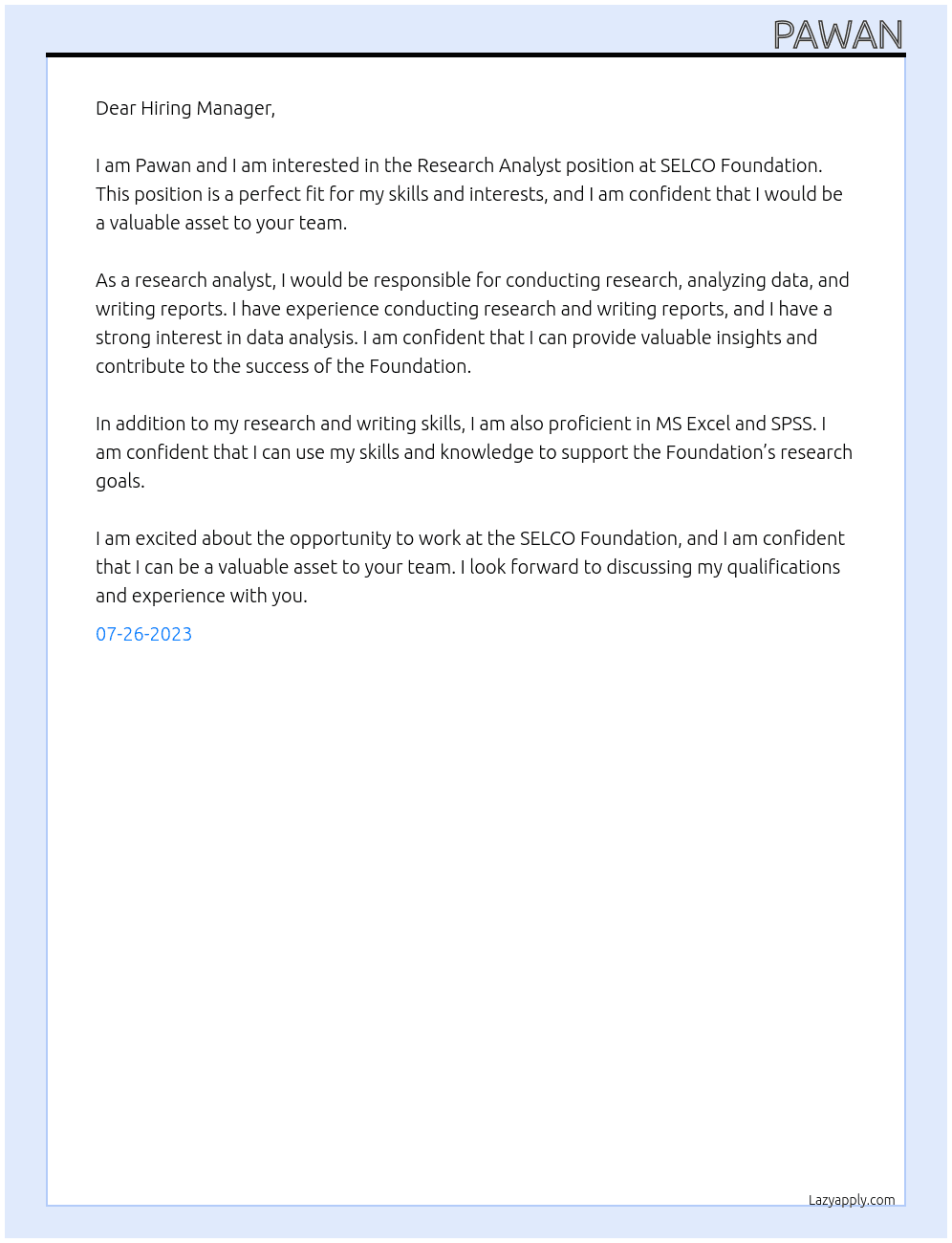 Research Analyst At SELCO Foundation Cover Letter
