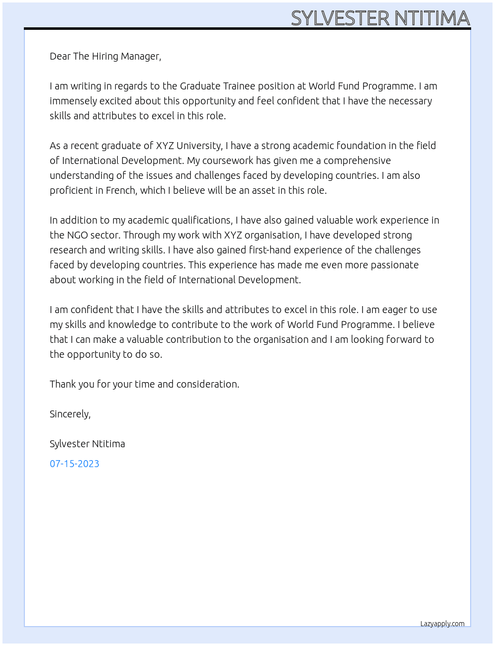 Graduate Trainee At World Fund Programme  Cover Letter
