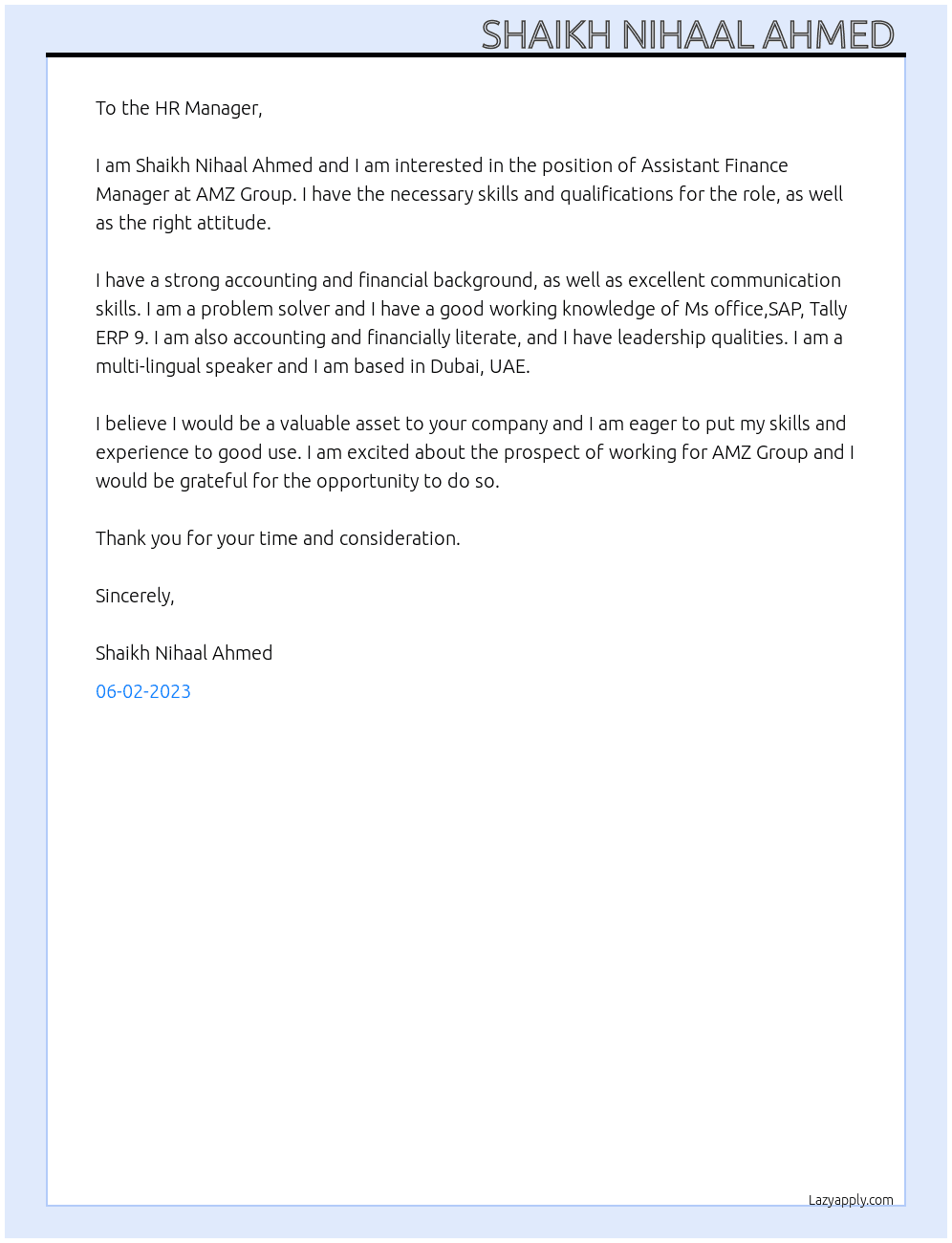 Assistant Finance Manager  At AMZ Group  Cover Letter