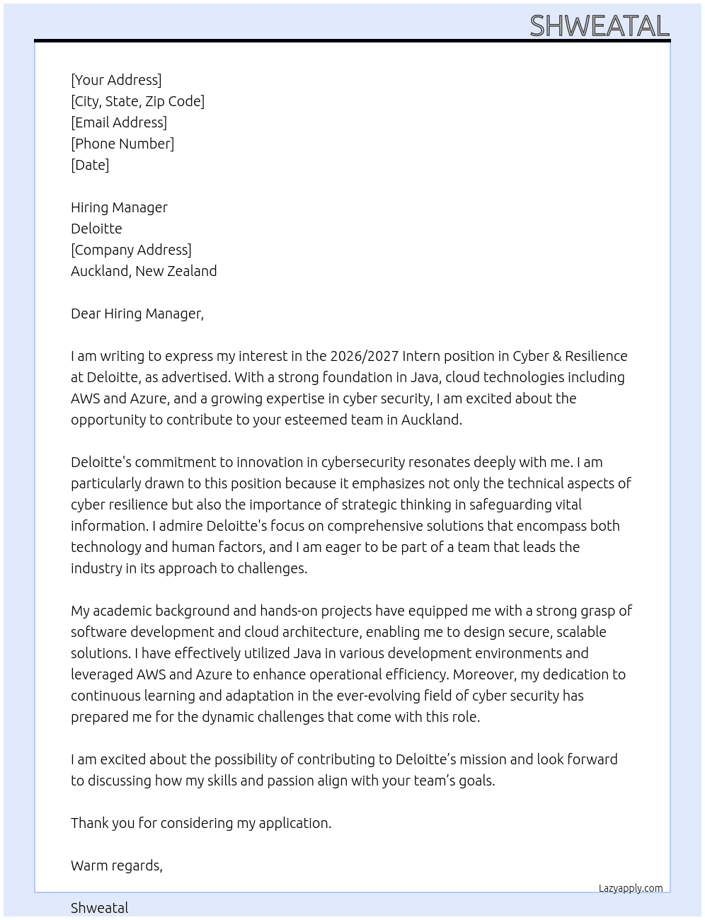 Cover letter for 2026/2027 intern | cyber & resilience | auckland - LazyApply