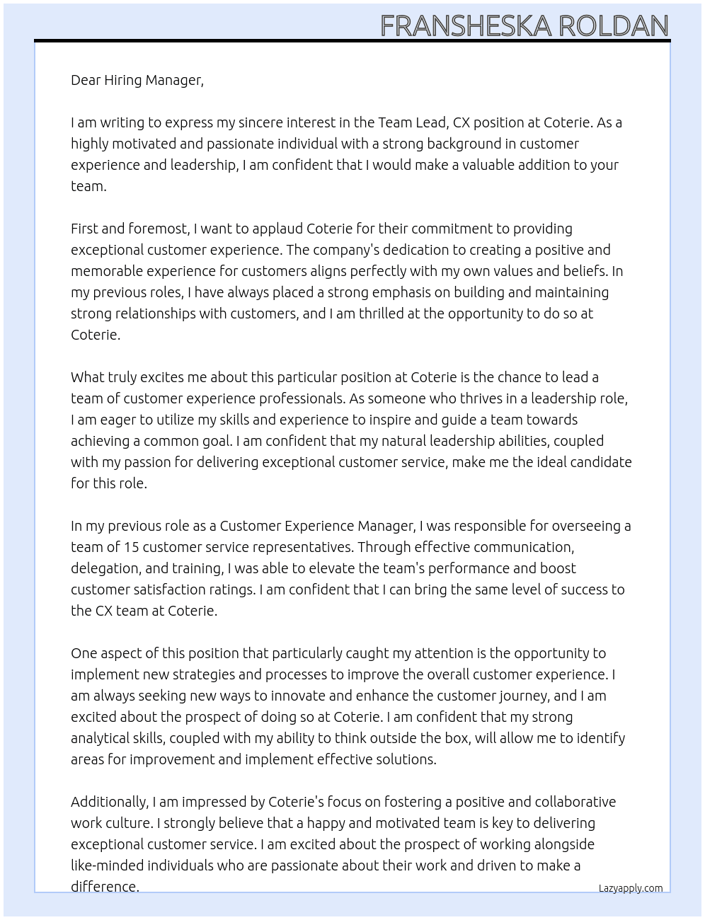 Team Lead, CX At Coterie  Cover Letter