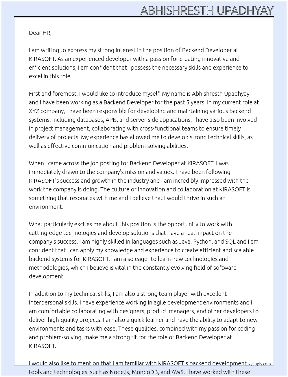 Backend developer At KIRASOFT Cover Letter