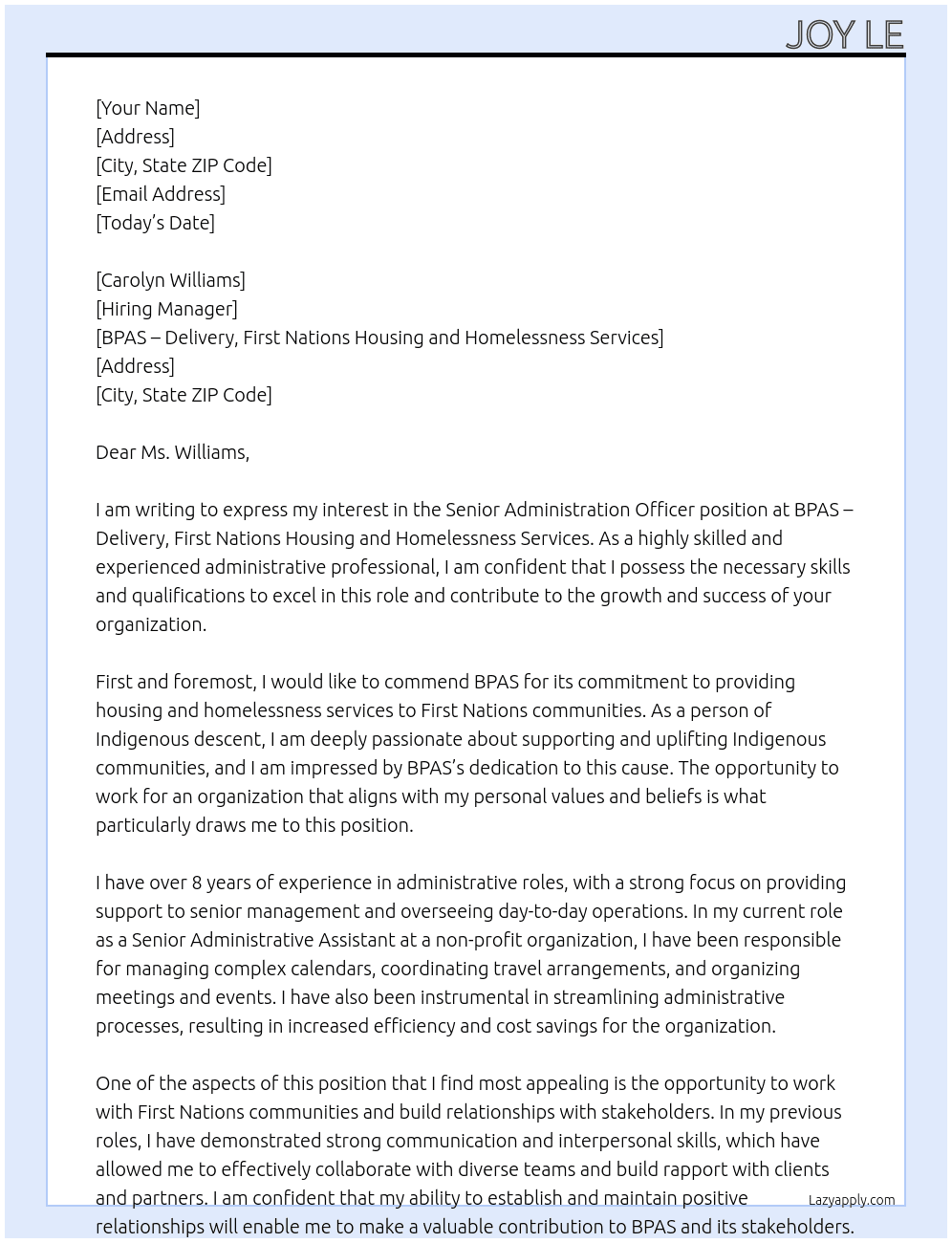 Senior Administration Officer At BPAS - Delivery, First Nations Housing and Homelessness Services Cover Letter
