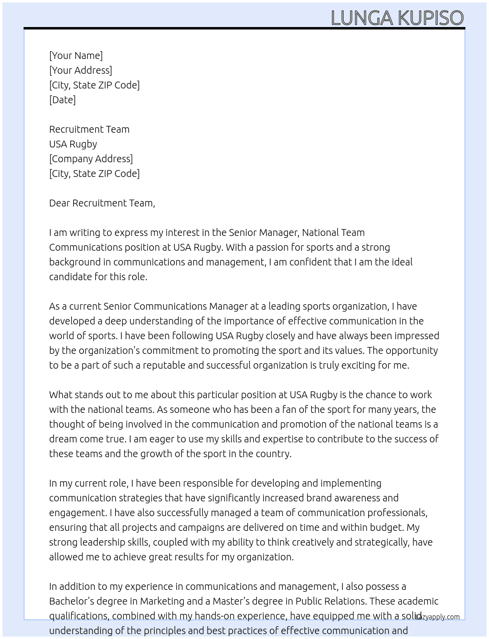 Senior Manager, National Team Communications At USA Rugby Cover Letter
