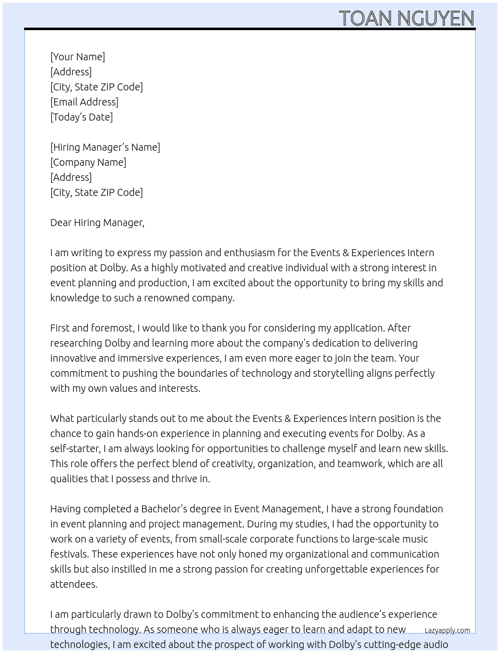 Events & Experiences Intern At Dolby Cover Letter