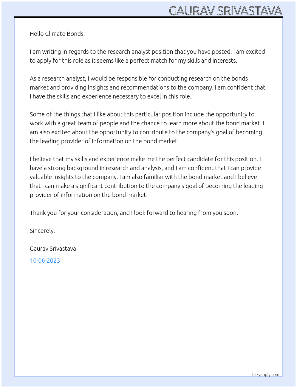 Research Analyst At Climate Bonds Cover Letter