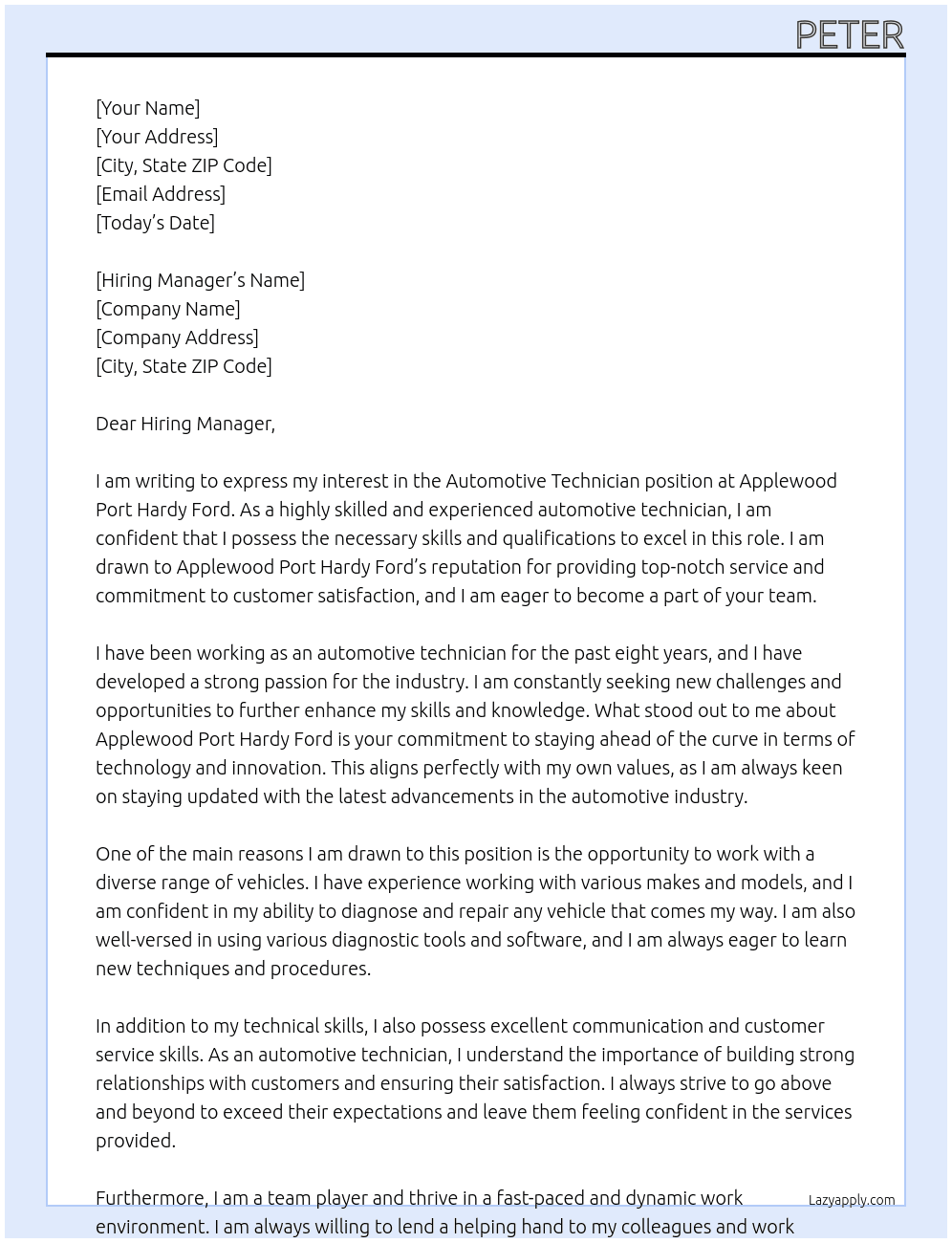 Automotive Technician At Applewood Port Hardy Ford Cover Letter