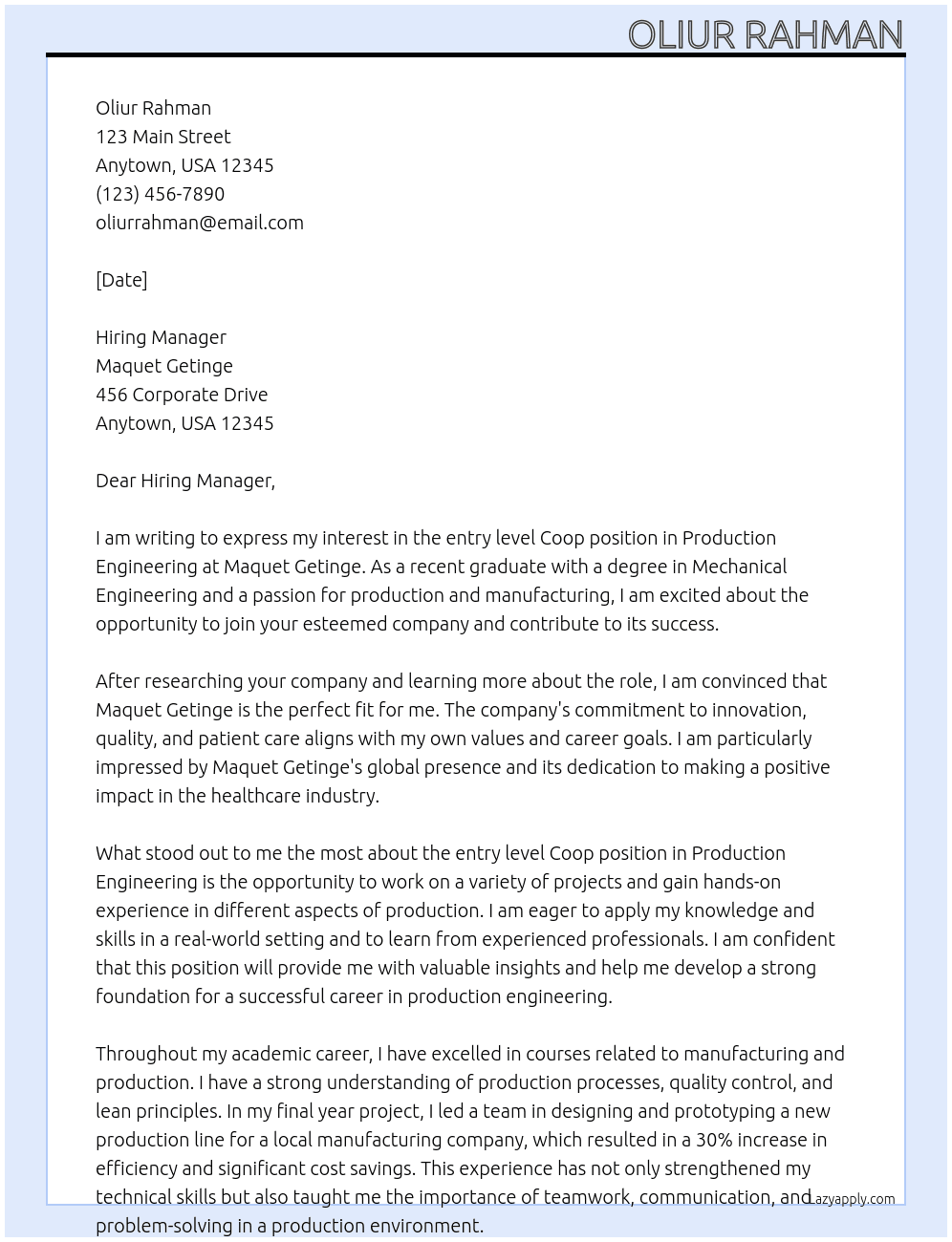 entry level Coop, Production Engineering  At maquet getinge Cover Letter