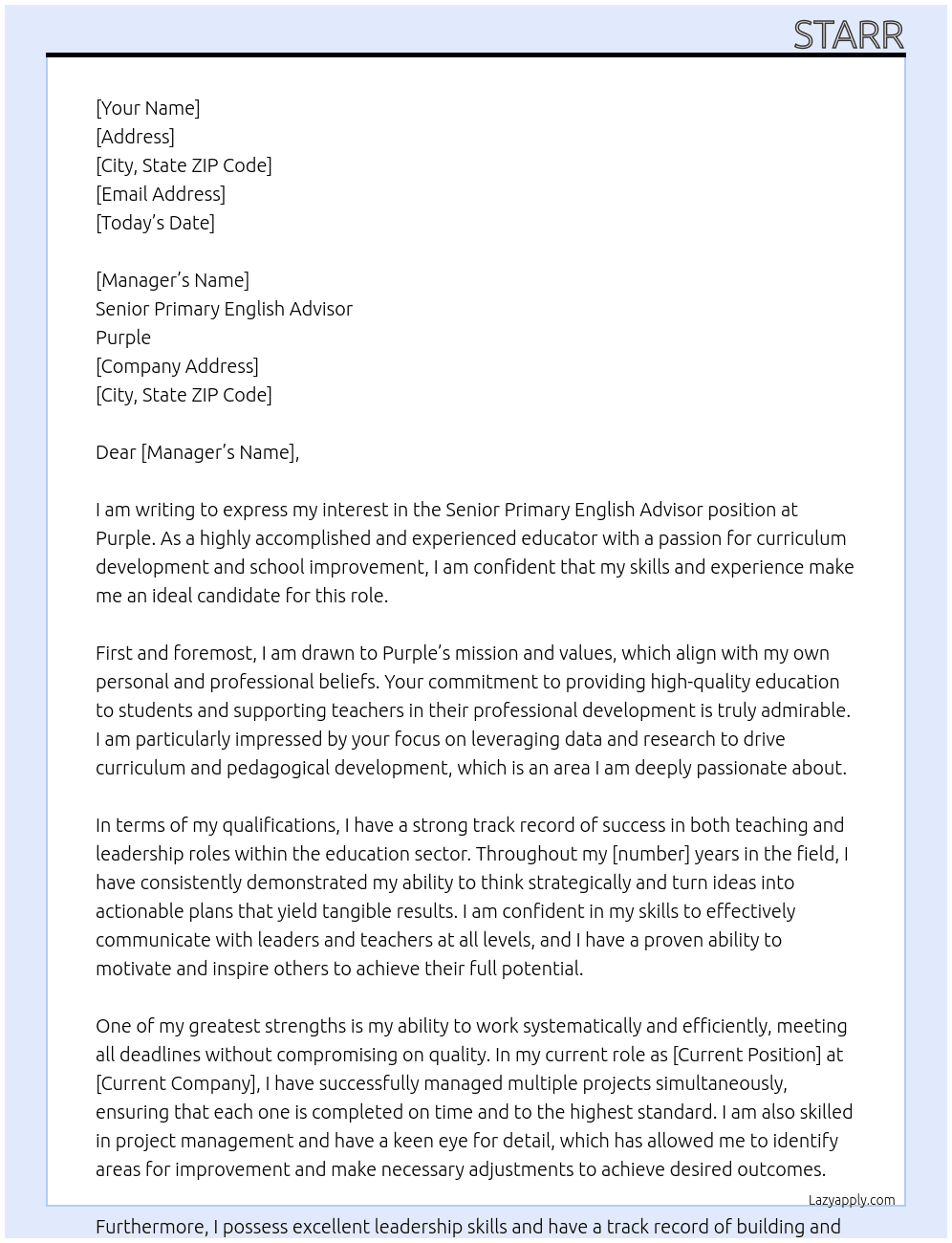 Senior Primary English Advisor At Purple Cover Letter