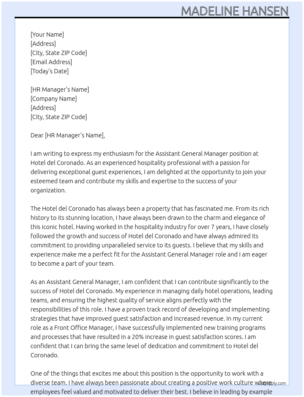Assistant General Manager At Hotel del Coronado Cover Letter