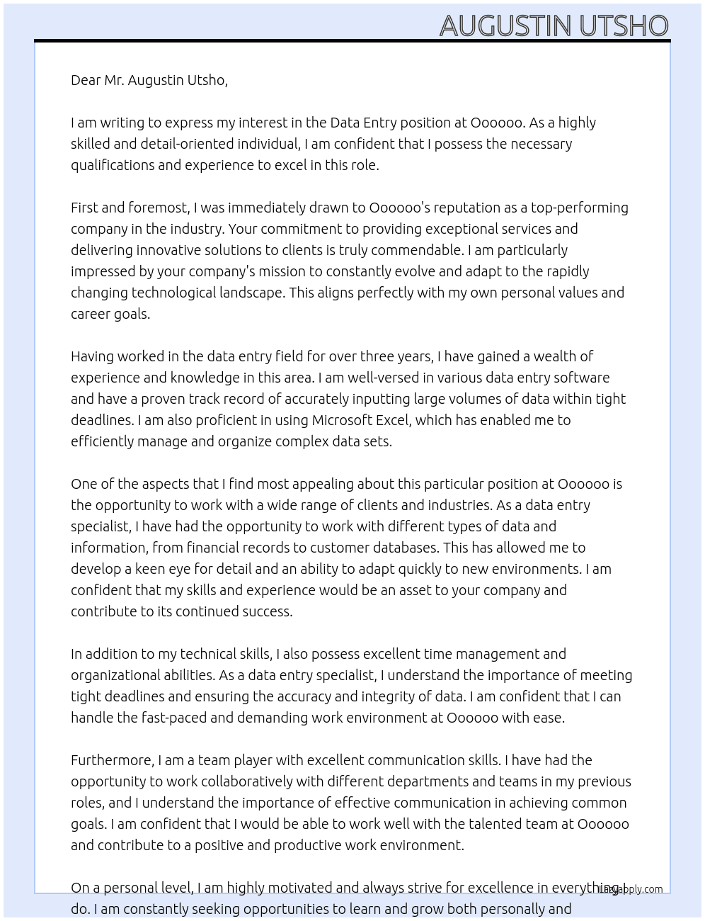 Data Entry At oooooo Cover Letter