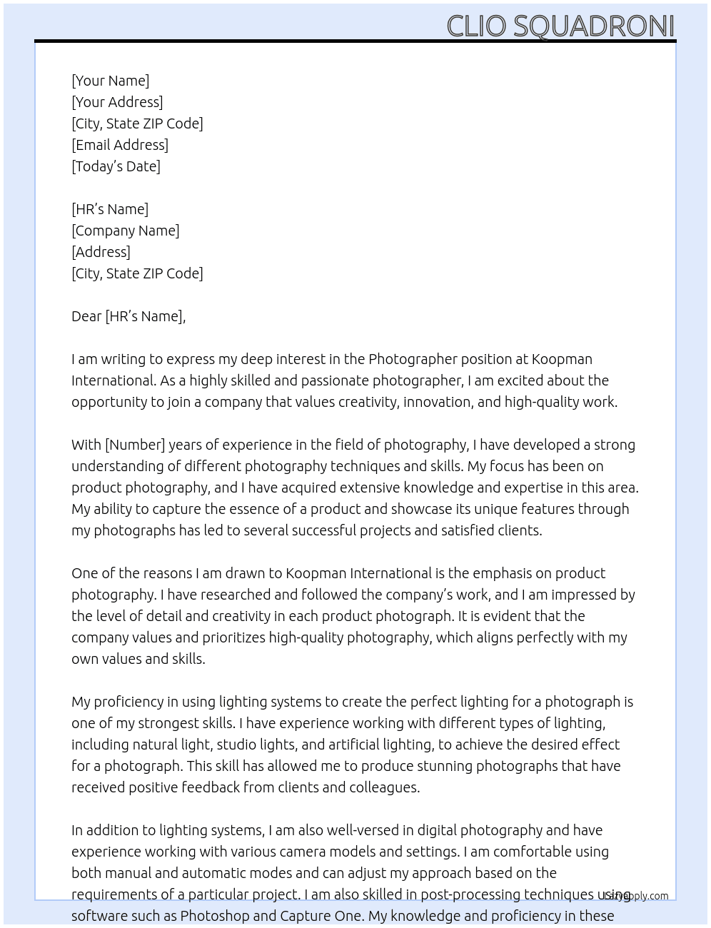 Photographer At Koopman International  Cover Letter
