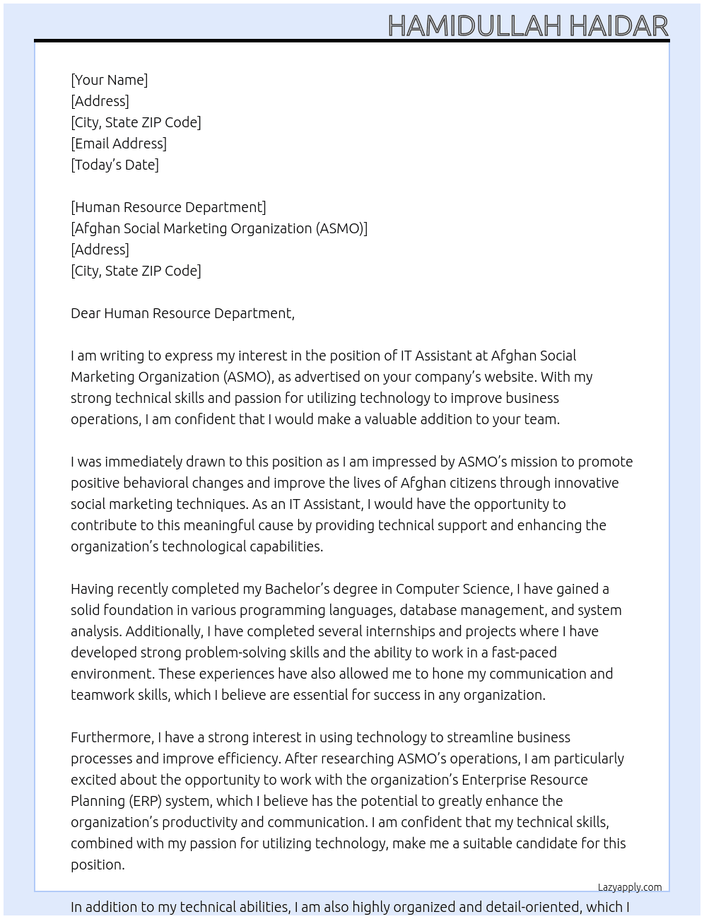 IT Assistant At Afghan Social Marketing Organization (ASMO) Cover Letter
