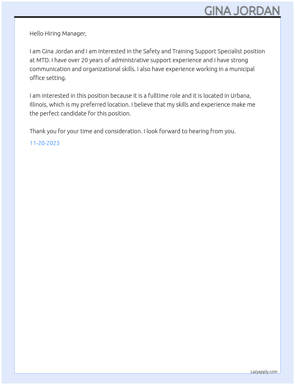 Safety and Training Support Specialist At MTD Cover Letter