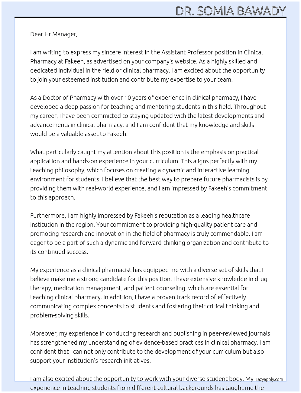 Assistant Professor in Clinical Pharmacy At Fakeeh Cover Letter