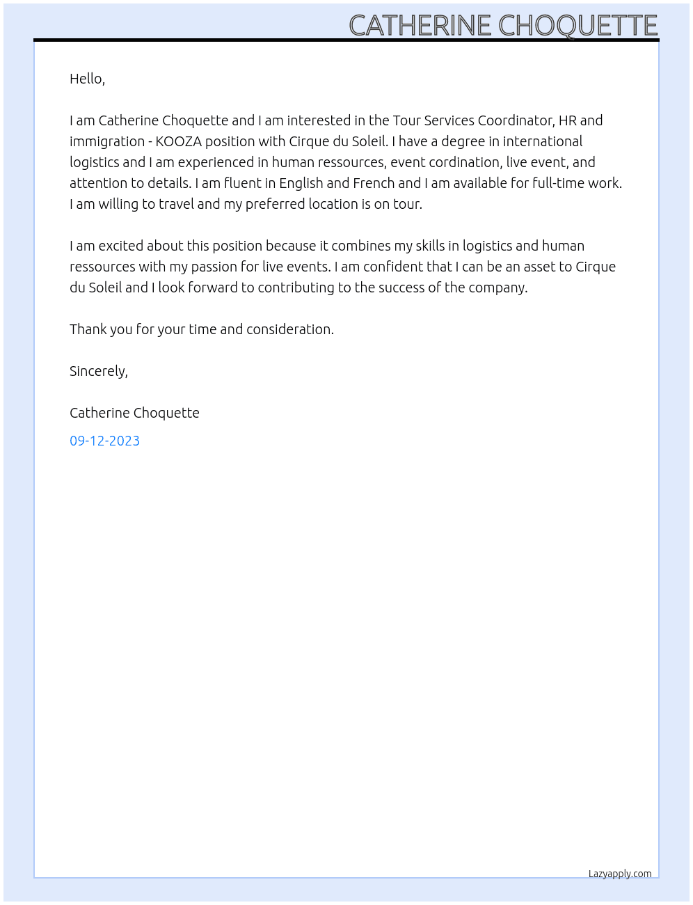 Tour Services Coordinator, HR and immigration - KOOZA At Cirque du Soleil Cover Letter