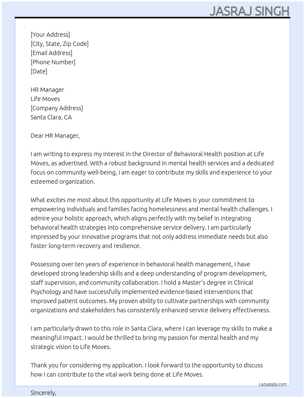 Director of Behavioral Health At Life Moves Cover Letter