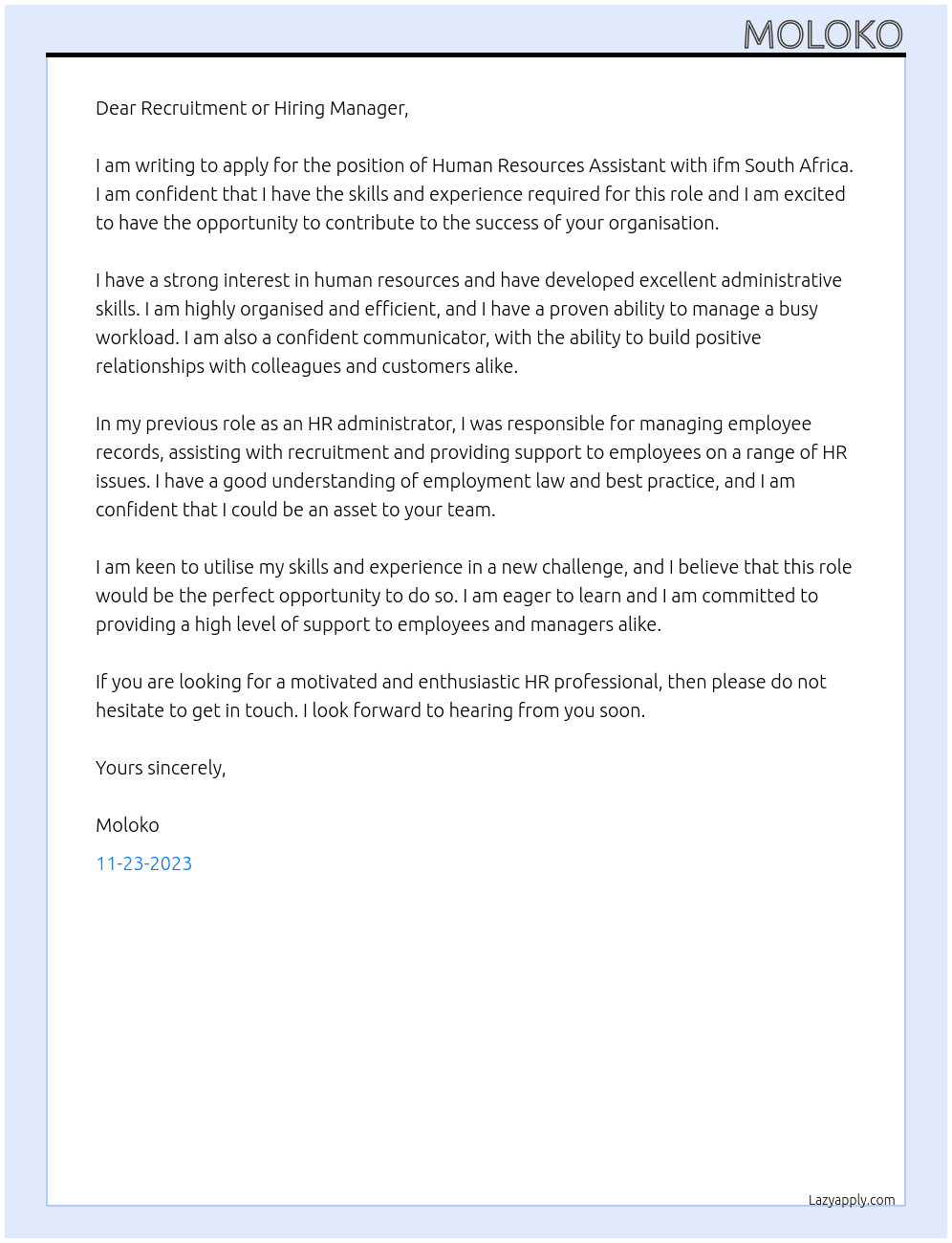 Human Resources Assistant At ifm South Africa Cover Letter