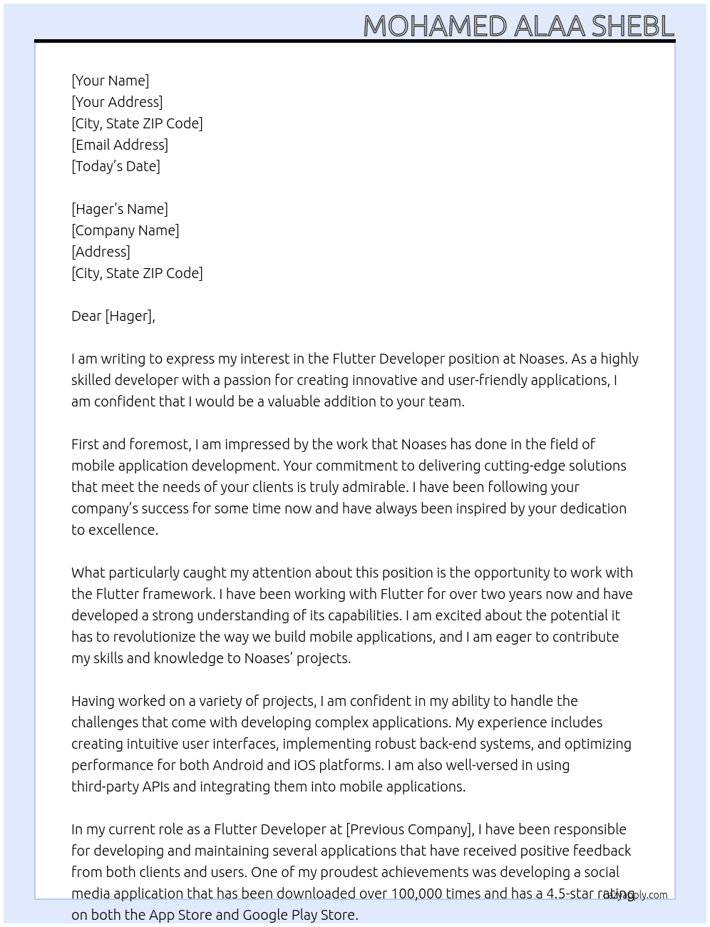 Flutter developer At noases Cover Letter