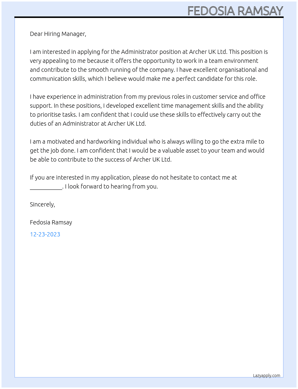 Administrator At Archer UK Ltd Cover Letter