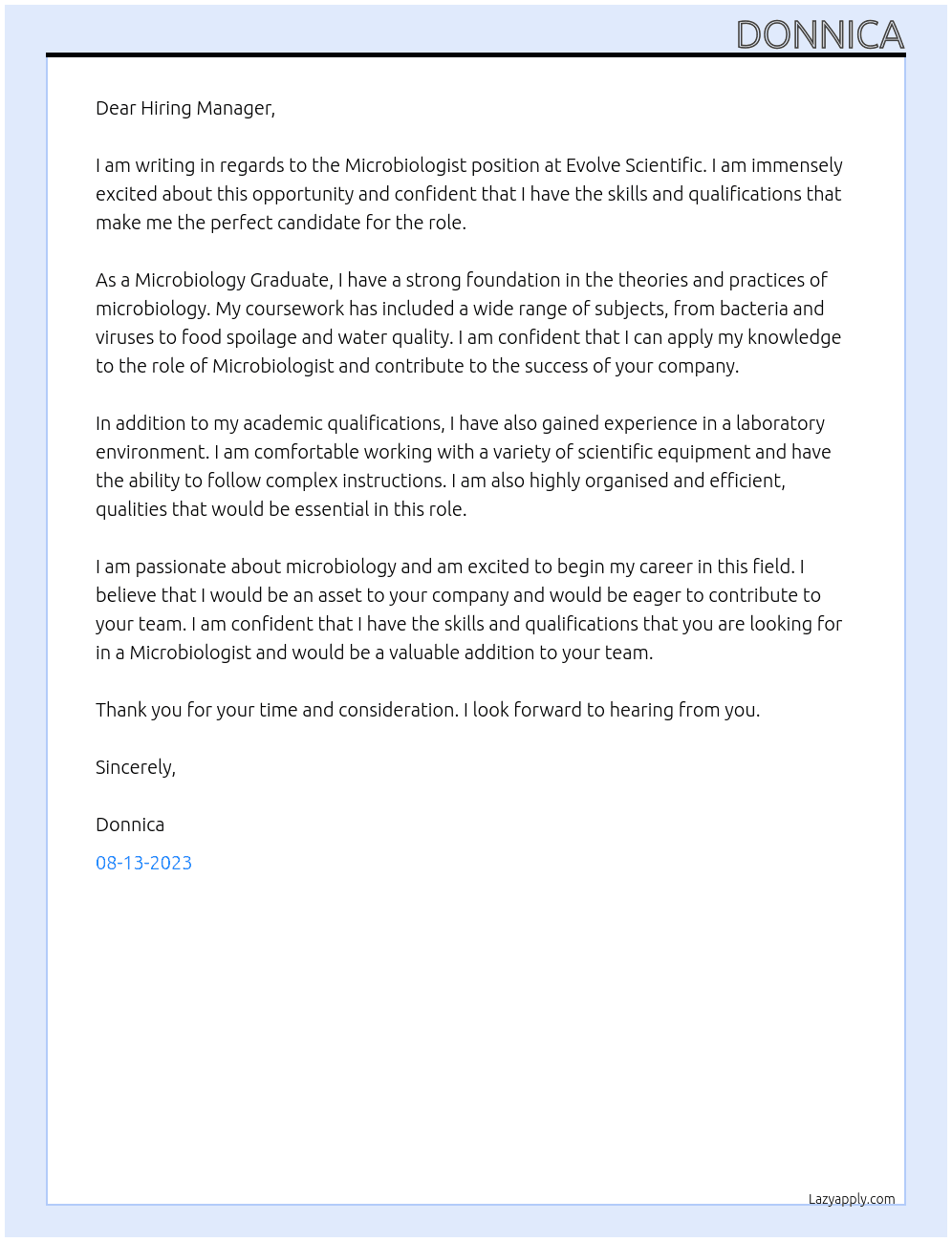 Microbiologist At Evolve Scientific Cover Letter