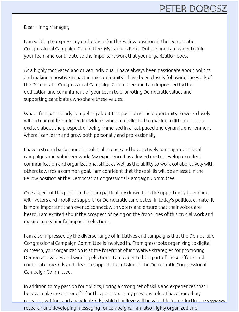 Fellow At Democratic Congressional Campaign Committee Cover Letter