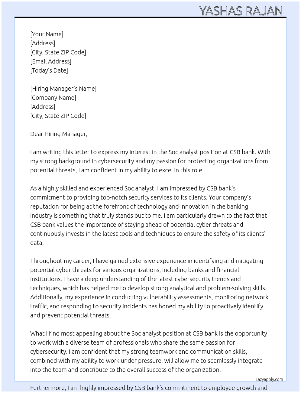 Soc analyst  At Csb bank Cover Letter