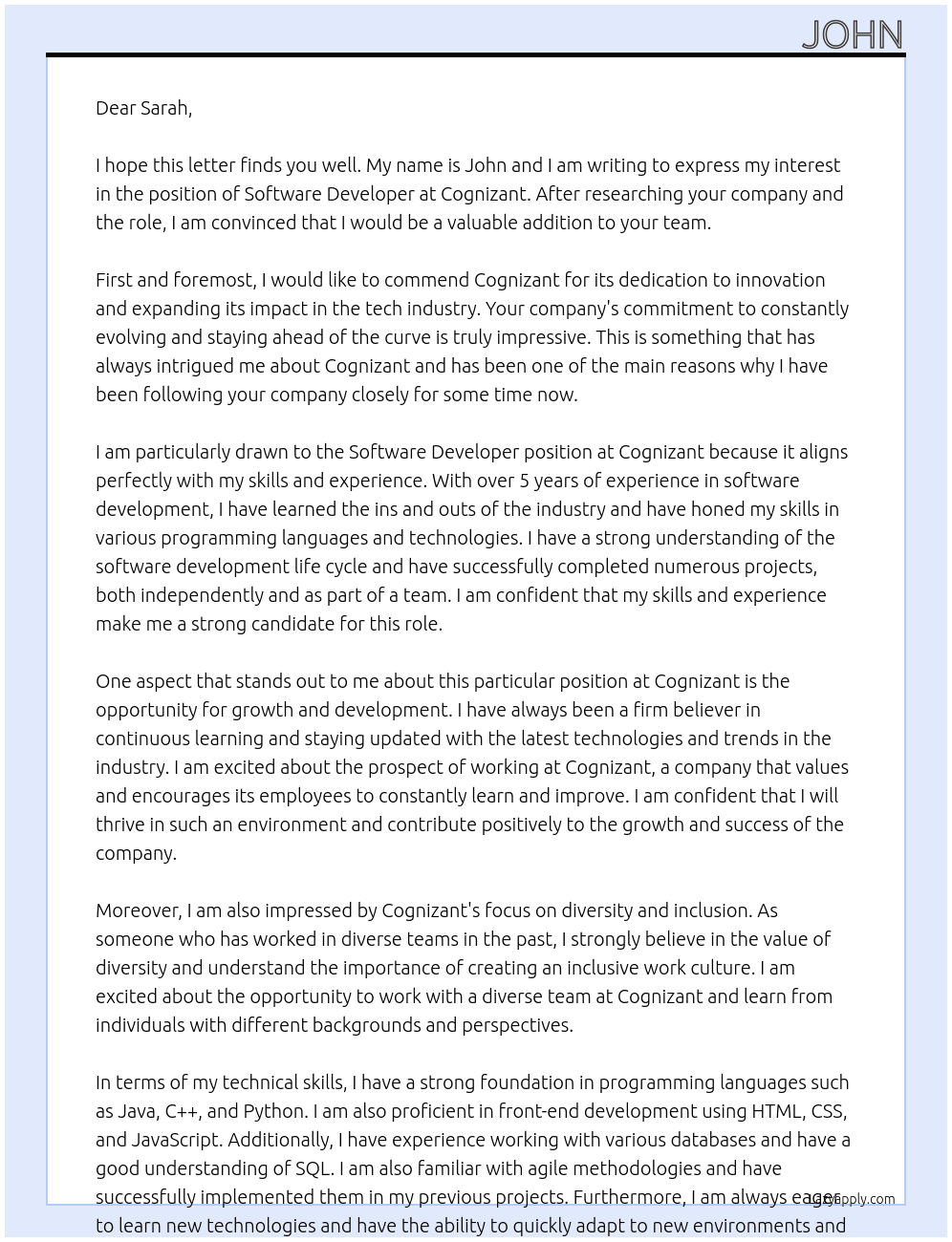 Software developer At Cognizent Cover Letter