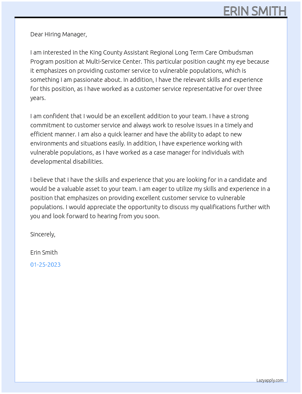King County Assistant Regional Long Term Care Omsbud Program At Multi-Service Center Cover Letter