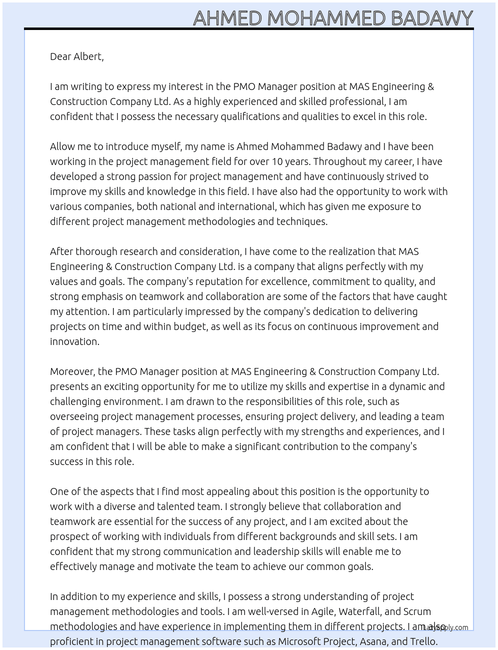 pmo manger At MAS Engineering & Construction Company Ltd. Cover Letter