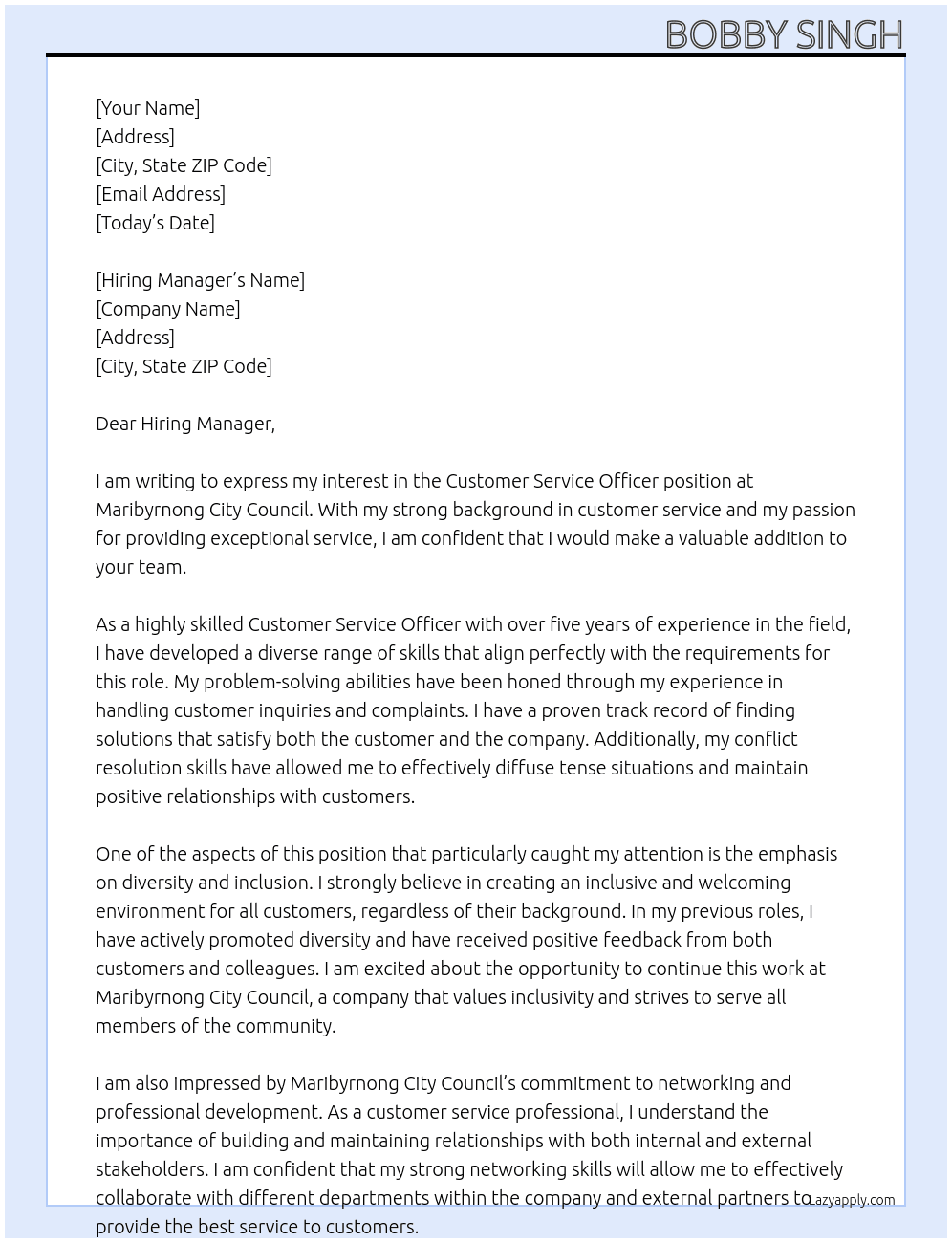 Customer Service Officer At Maribyrnong City Council Cover Letter