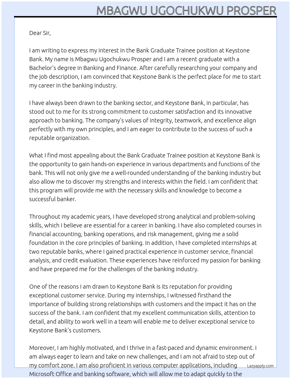 Bank graduate trainee At KEYSTONE BANK Cover Letter