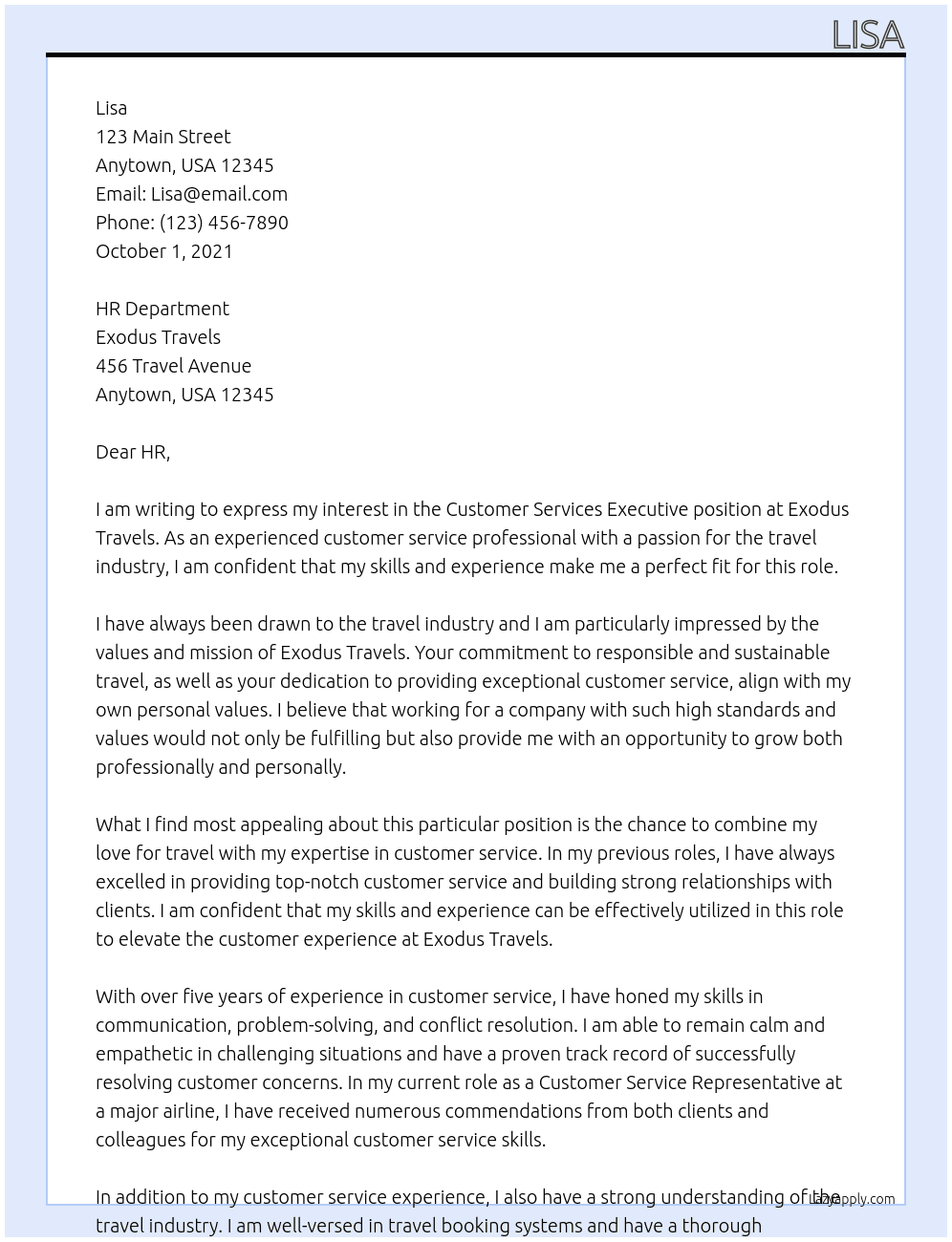 Customer Services Executive At Exodus Travels Cover Letter