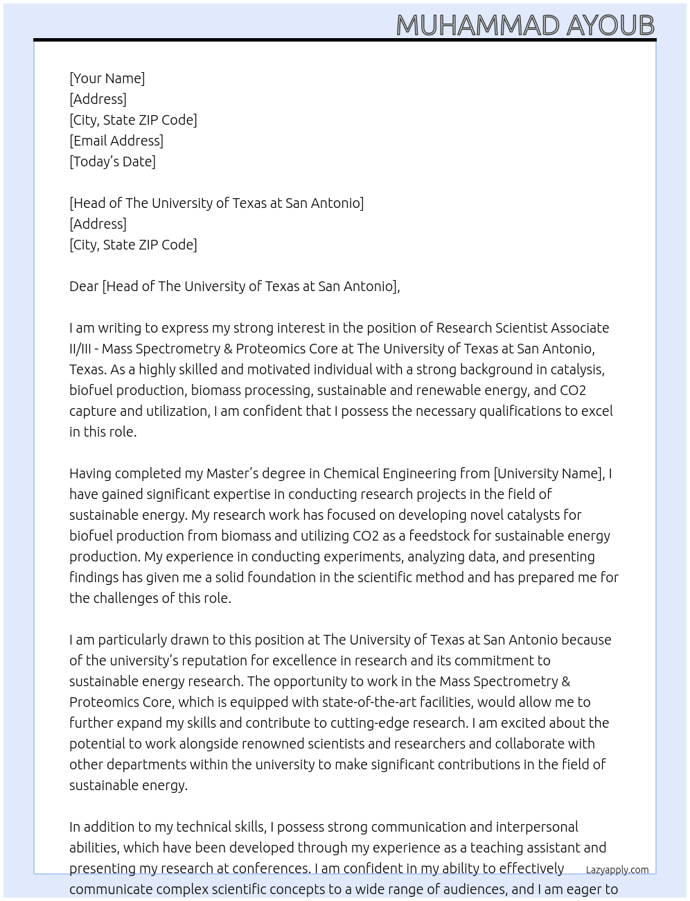 Research Scientist Associate II/III - Mass Spectrometry & Proteomics Core At The University of Texas at San Antonio, Texas Cover Letter