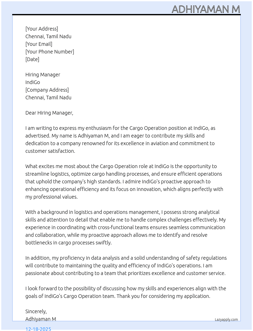 Cover letter for cargo operation - LazyApply