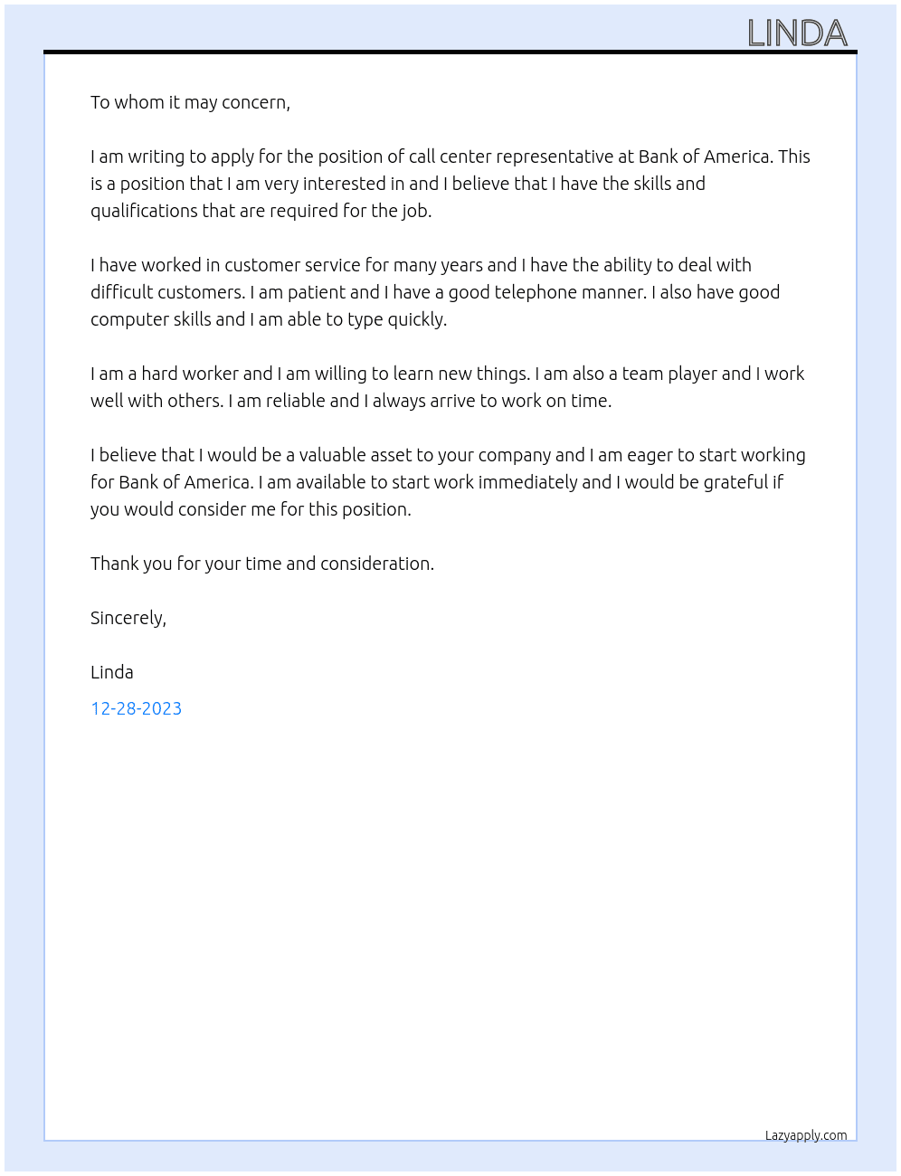 Call center  At Bank of America  Cover Letter