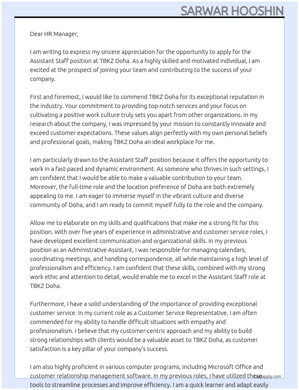 Assistant staff At TBKZ doha Cover Letter