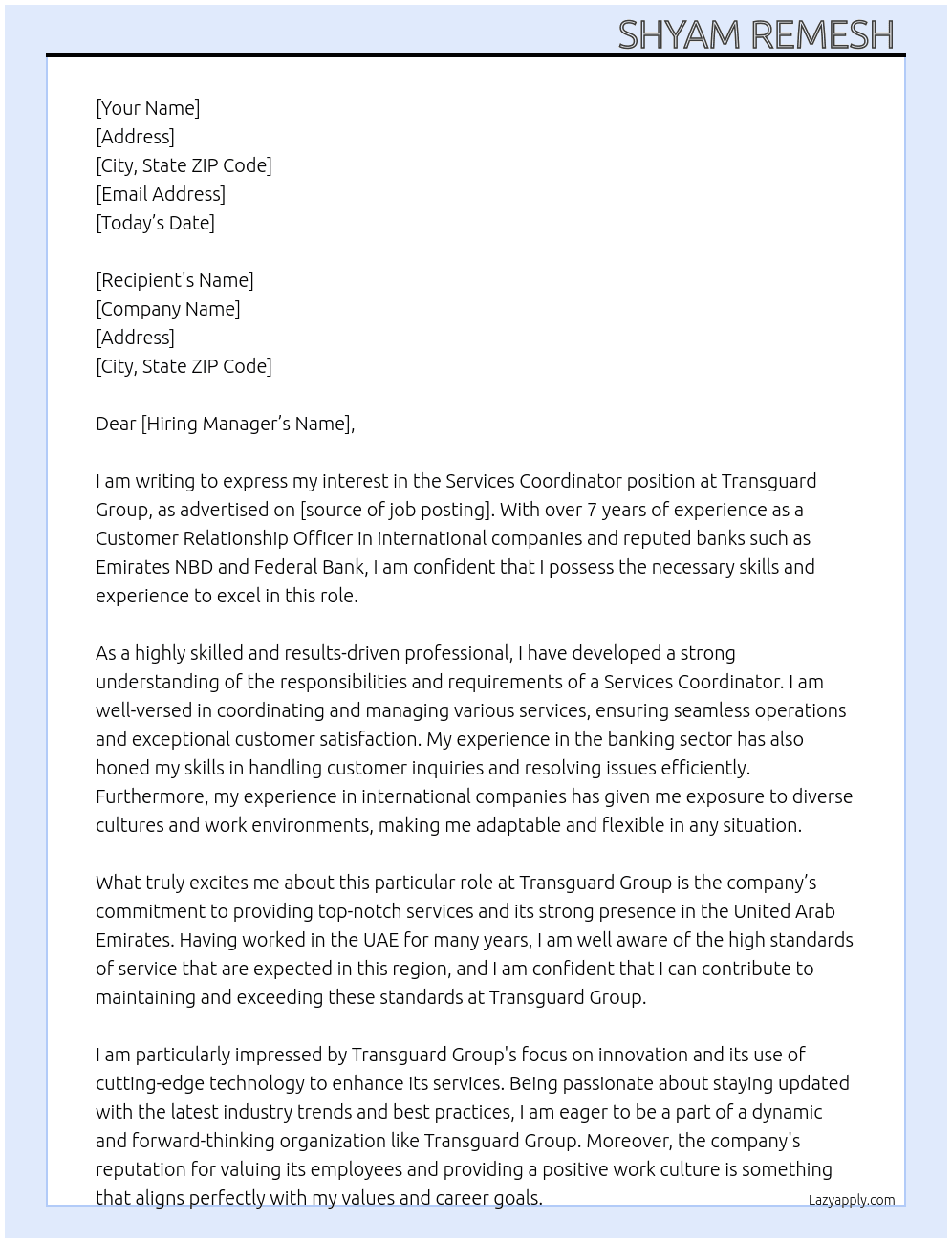 Services coordinator  At Transguard group  Cover Letter