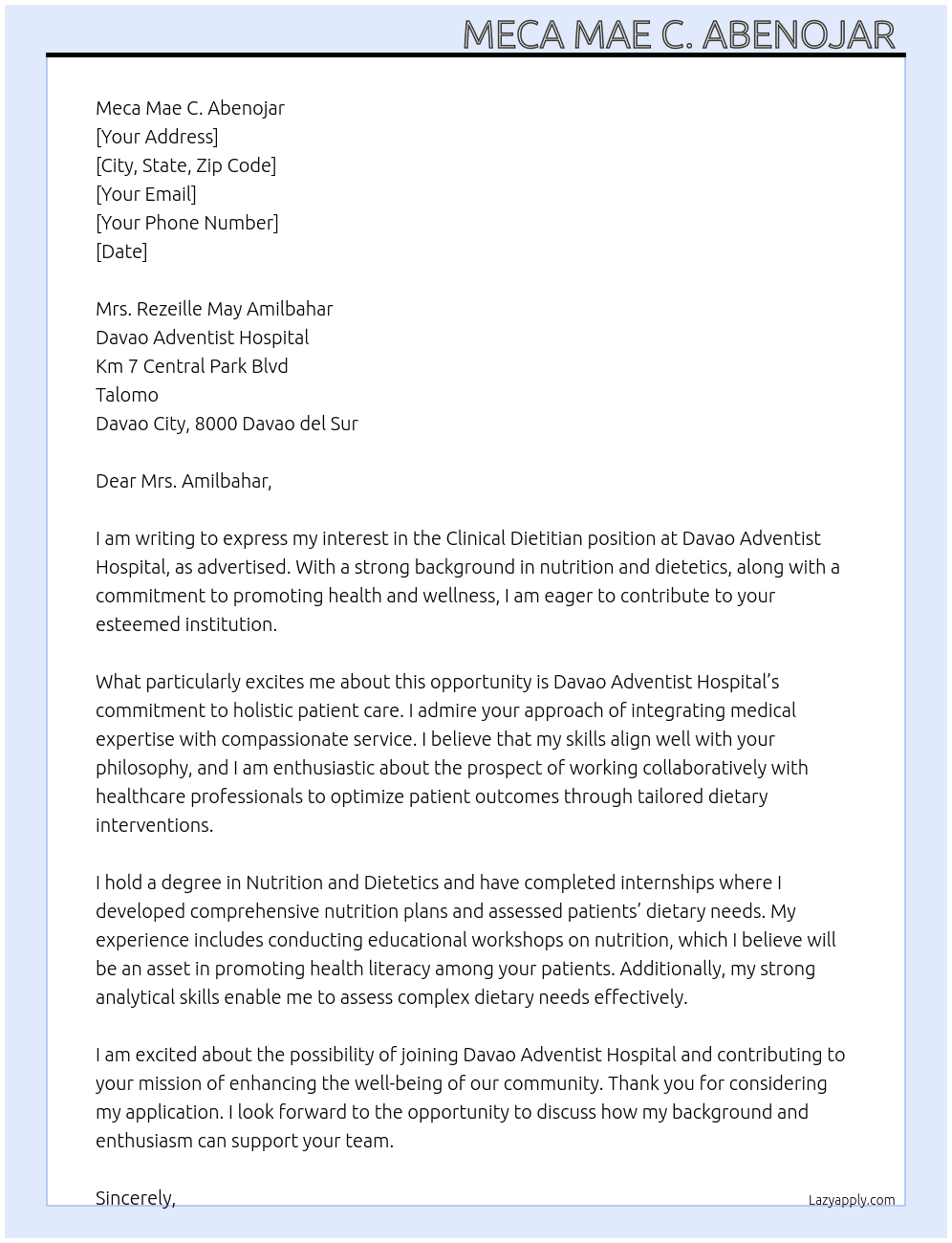 Clinical Dietitian  At Davao Adventist Hospital  Cover Letter