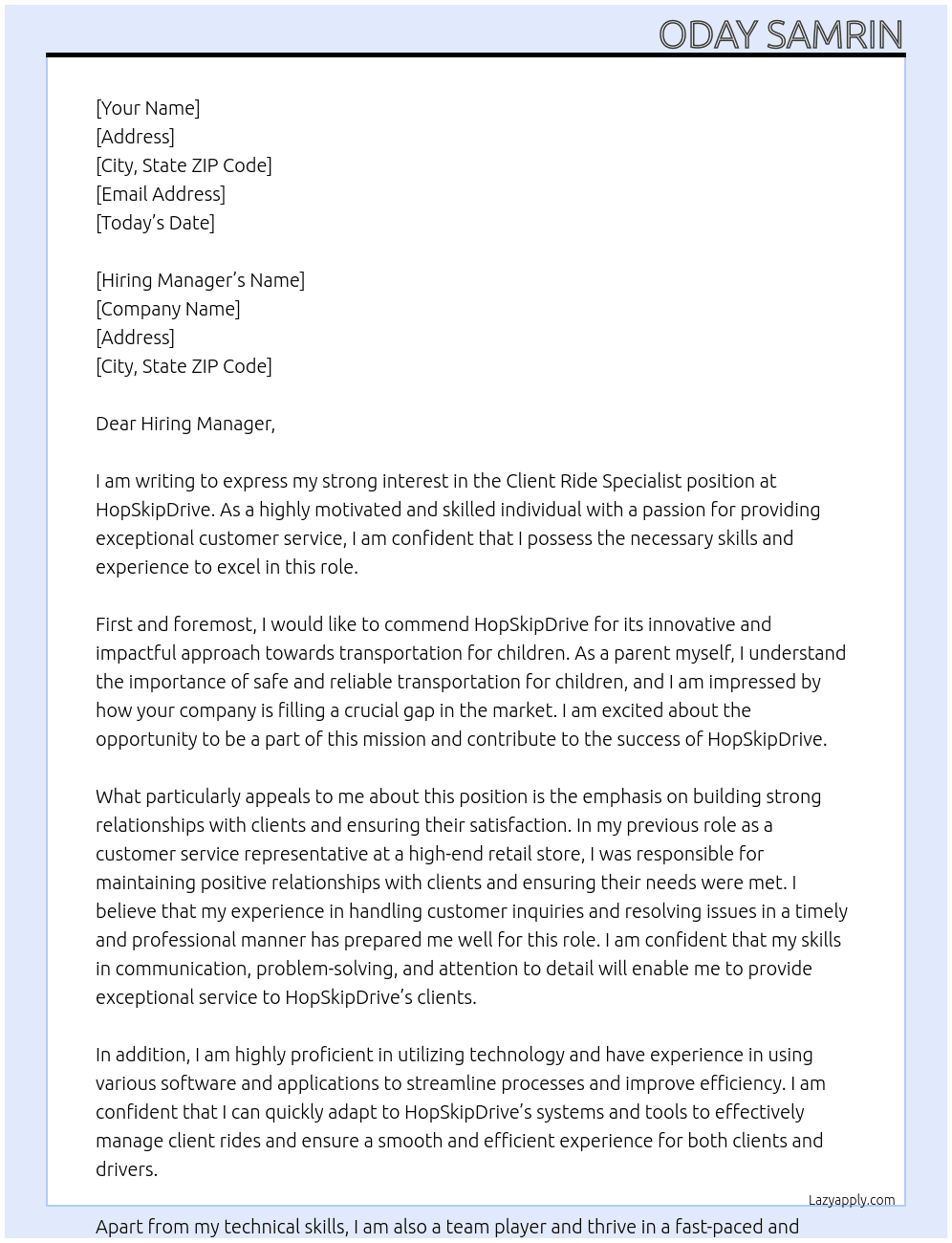 Client Ride Specialist At HopSkipDrive Cover Letter