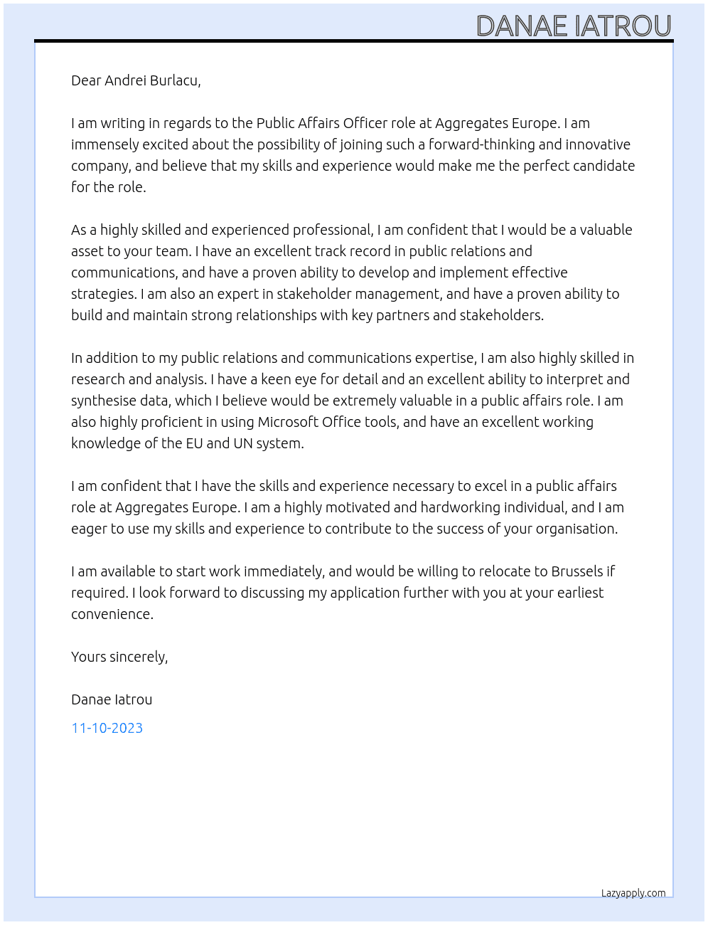 UEPG Public Affairs Officer At Aggregates Europe Cover Letter