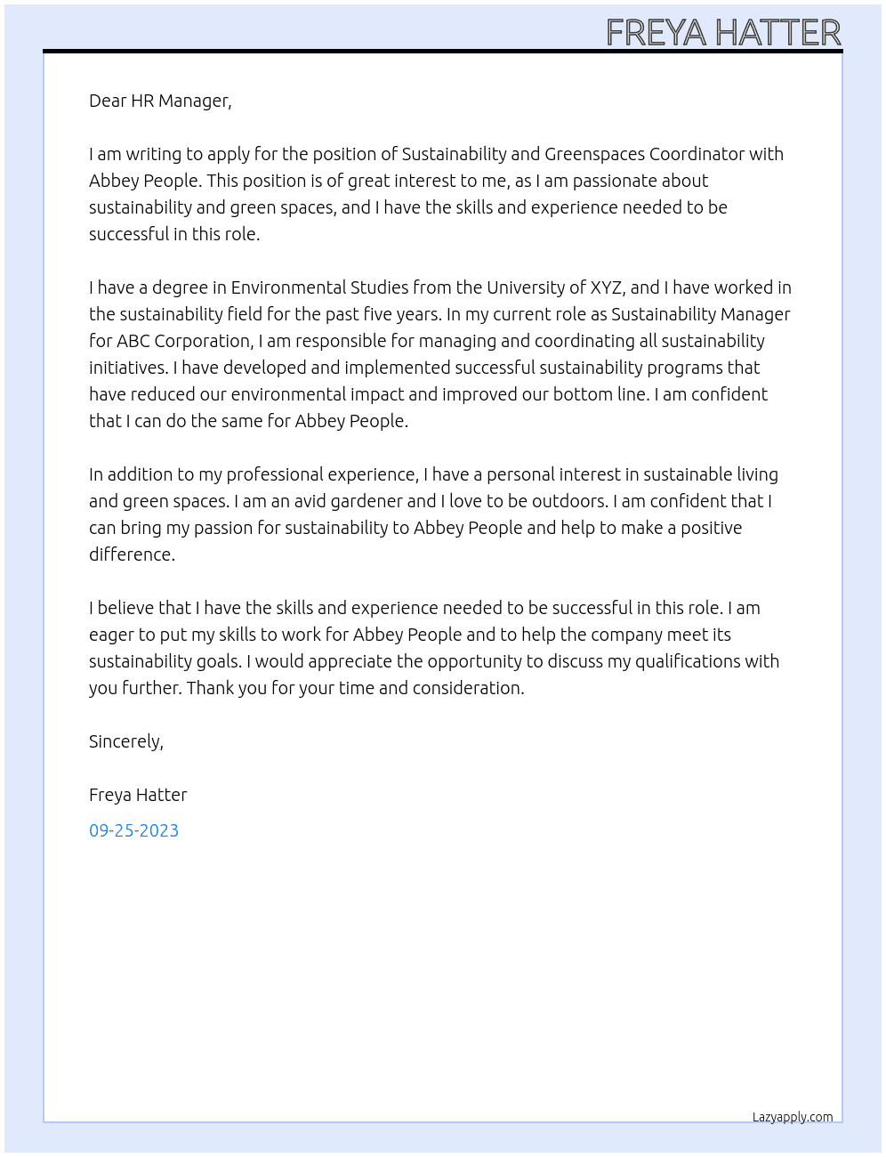 Sustainability and Greenspaces Coordinator At Abbey People Cover Letter