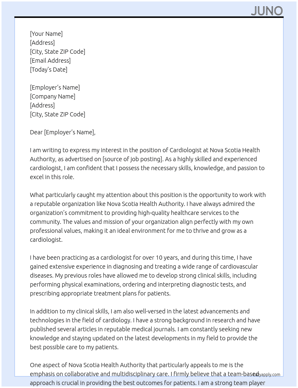 Cardiologist At Nova Scotia Health Authority Cover Letter